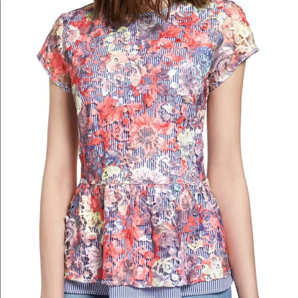 Halogen Lace Overlay Stripe Peplum Top - Small